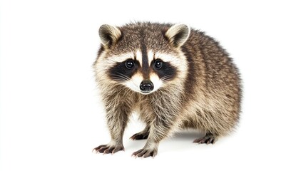 Naklejka premium Raccoon isolated on white, facing the camera, standing and looking at viewer