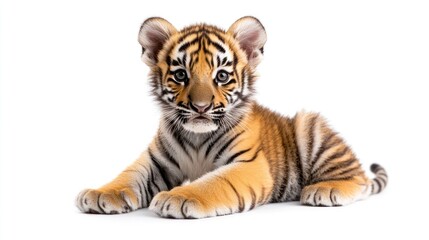 Obraz premium A baby tiger cub lies down, facing the viewer, on a plain white backdrop