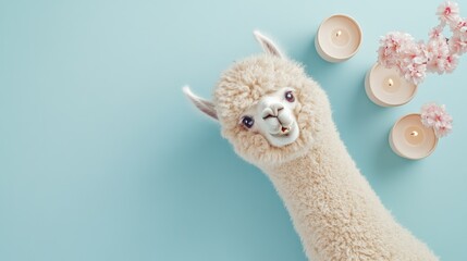 Fototapeta premium An alpaca plush toy, candles, and pink blossoms on a soft blue background