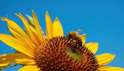 Honeybee on a sunflower against a clear blue sky.