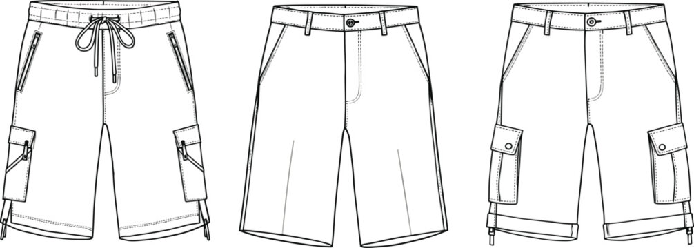 cad drawing flat vector illustration, men’s cargo shorts design, technical fashion sketch, casual summer wear, stylish apparel template, editable