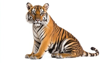 Obraz premium Tiger sitting upright with black stripes, orange and white fur on a bright background