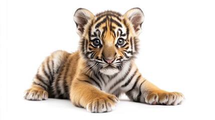 Fototapeta premium Cute tiger cub laying down, facing forward, on a white background with shadows