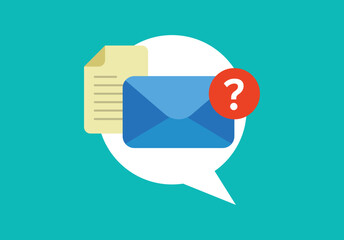 FAQ representation flat illustration with envelope, document page, question mark, and text bubble shape