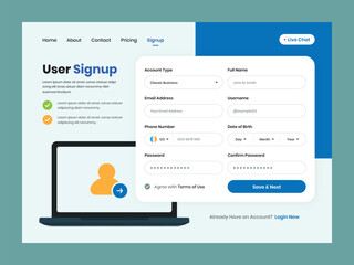 Account signup or registration form design with web header and laptop illustration