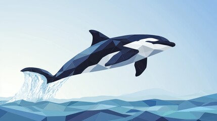 Obraz premium Geometric orca leaps from stylized blue water against a light gradient sky