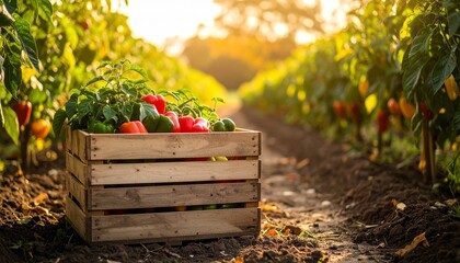 Rustic Wooden Crates Filled with Freshly Harvested Capsicum on a Dirt Path in a Charming Garden, Surrounded by Vibrant Fall Foliage and a Warm Autumn Backdrop