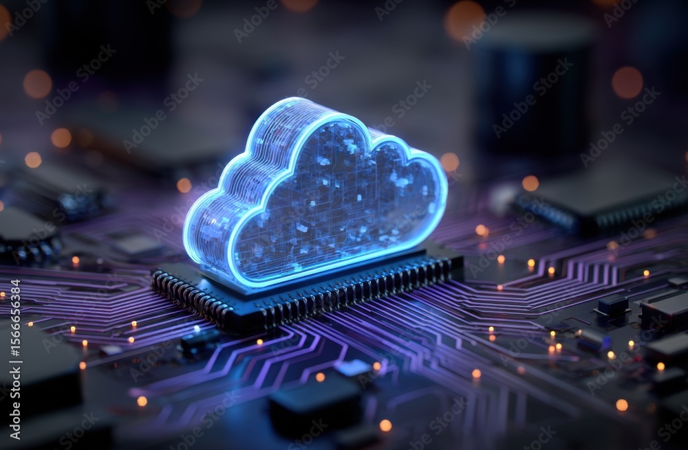 Poster futuristic cloud computing: a glowing cloud symbol rests on a circuit board, representing digital da
