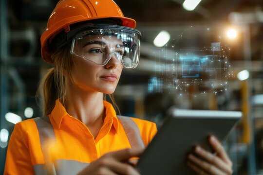 Female engineer using digital tablet and augmented reality software in modern factory - Powered by Adobe