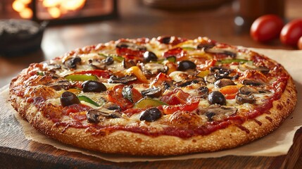 A delicious vegetable pizza is placed on a wooden board, featuring vibrant toppings like bell peppers, olives, and mushrooms. It is surrounded by a warm, inviting atmosphere