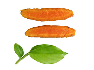 Fresh cut turmeric root and green leaves isolated on white background. Turmeric is a spice and can be used as medicine. High resolution image. Turmeric is a natural herbal plant.