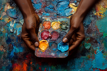 Hands hold a colorful paint palette over a textured and vibrant painted surface. Concept of artistic creativity and color mixing. For art supplies advertisement.