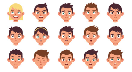 Collection of cartoon faces showing different emotions and expressions on a white background