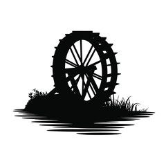 Fototapeta premium Silhouette of a traditional water wheel with buckets beside a grassy riverbank