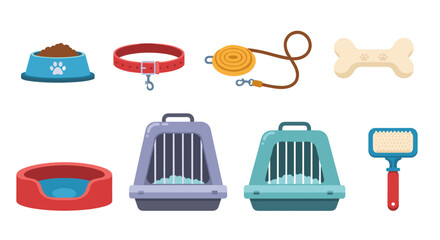 Illustration showcasing a collection of essential pet supplies including carriers and accessories