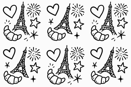 Eiffel Tower pattern - Bastille Day doodle background vector. July 14 fireworks illustration. Design element for posters and banners