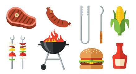 Illustration of a barbecue grill with steak, sausage, corn, burger, and skewers for a cookout