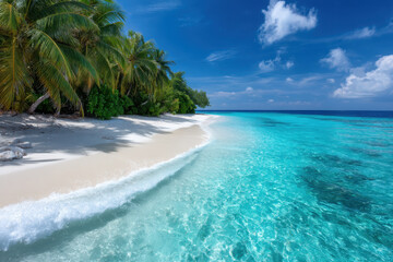Fototapeta premium Clear turquoise water gently laps against a pristine sandy beach under a bright blue sky