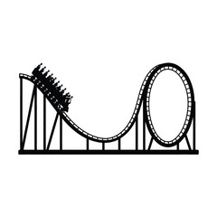 Black silhouette of a thrilling roller coaster with passengers on a white background