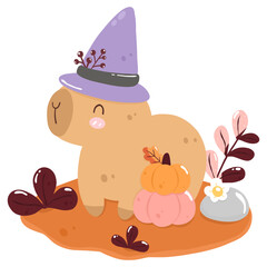 Autumn Cute Capybara with Pumpkin 
