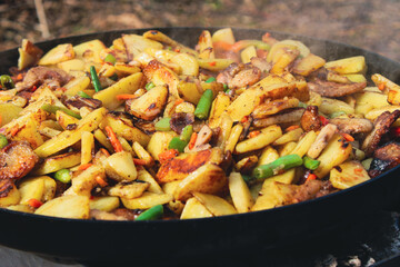 Rustic Fried Potatoes with Vegetables and Meat in Outdoor Pan