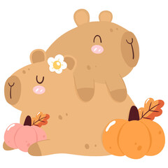 Autumn Cute Capybara with Pumpkin 