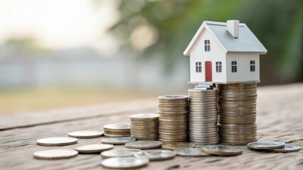 A miniature house model is placed on stacks of coins, symbolizing real estate investment, savings, and financial growth.