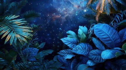 Lush green leaves from tropical plants fill the foreground, contrasting with a stunning night sky scattered with stars and hints of a galaxy