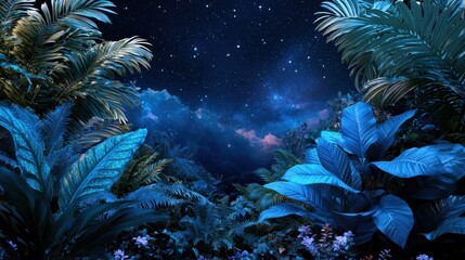 A captivating view of dense tropical plants and foliage illuminated by a starry sky. The scene features deep blue leaves surrounded by clouds, evoking a magical atmosphere