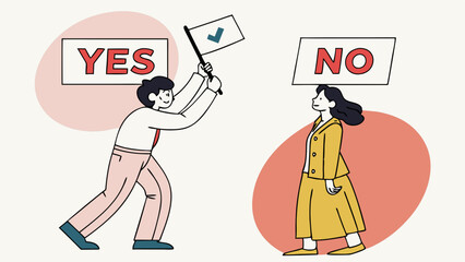 Vector Decision-Making and Opinion Concept with Man Holding Yes Sign and Woman Under No Sign, Symbolizing Choice, Disagreement, Debate, and Communication