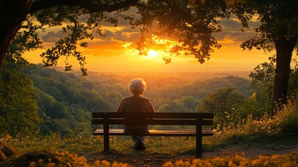 serene elderly person enjoying sunset overlooking lush forest landscape from park bench