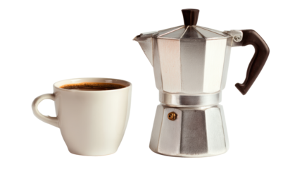A classic stovetop espresso maker with a white cup of coffee, isolated on a white background.