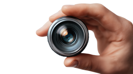 A hand holding a camera lens, highlighting the intricate details and design of the lens against a white background.