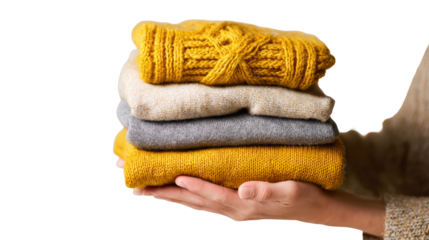 A stack of cozy knitted sweaters in various colors held by a hand, perfect for a warm, stylish winter.