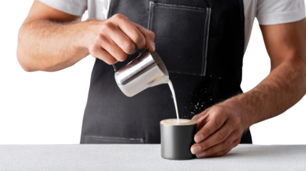 Barista pouring steamed milk into a black coffee cup, white isolate background.