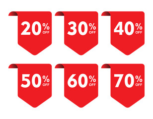 discount sticker product red tag set shopping discount label badge with 20, 30, 40, 50, 60, 70, percent off vector