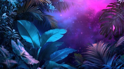 Obraz premium Vivid foliage in shades of blue and purple contrasts against a mesmerizing night sky filled with stars, creating a magical and serene tropical setting