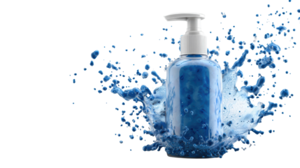 Blue liquid soap pump bottle splashing against a white background.