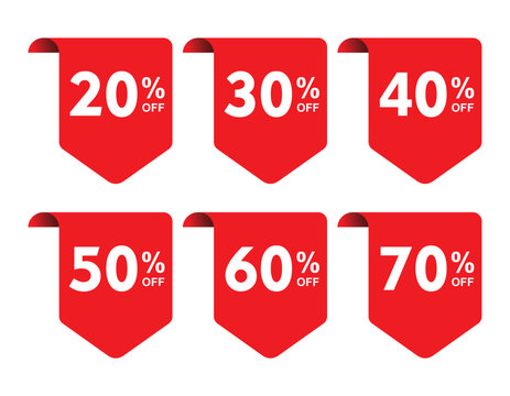 discount sticker product red tag set shopping discount label badge with 20, 30, 40, 50, 60, 70, percent off vector - Powered by Adobe