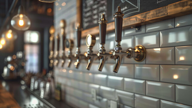 Close-up of beer taps mounted on tiled wall in modern bar  