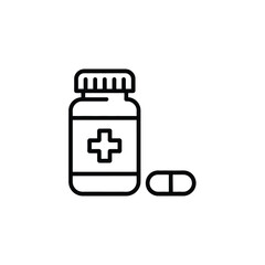 Clean outline icon of a medicine bottle with a cross and a pill