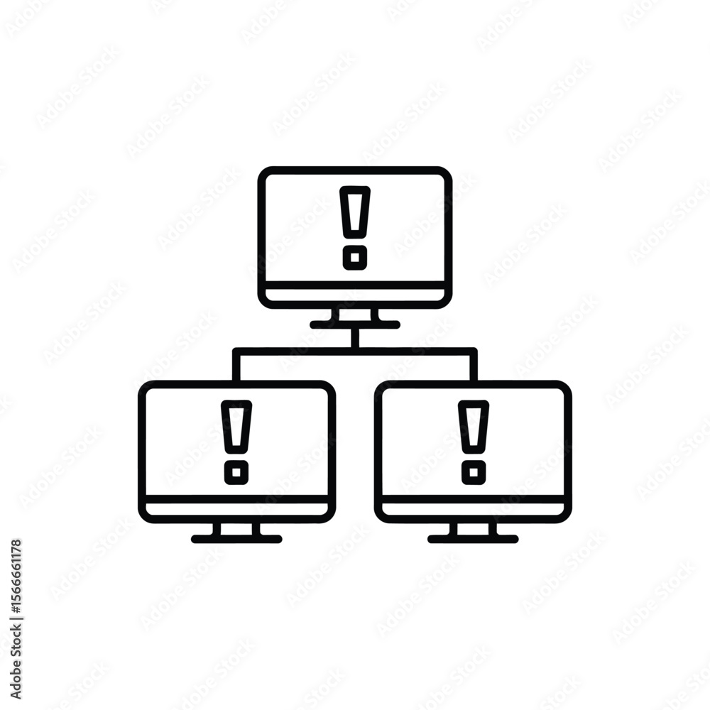 Fototapete three computer monitors connected in a network with exclamation marks displayed