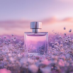 Elegant Black Perfume Bottle in a Blooming Purple Flower Field