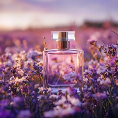 Elegant Black Perfume Bottle in a Blooming Purple Flower Field