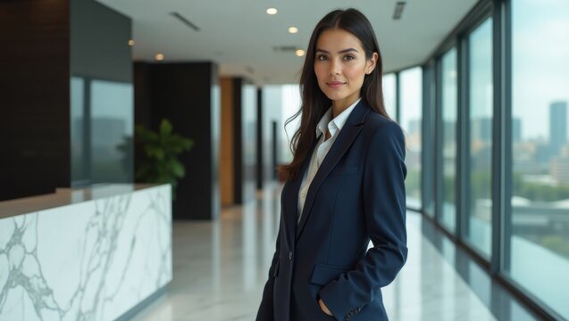 Hermosa abogada posando en un lobby moderno
