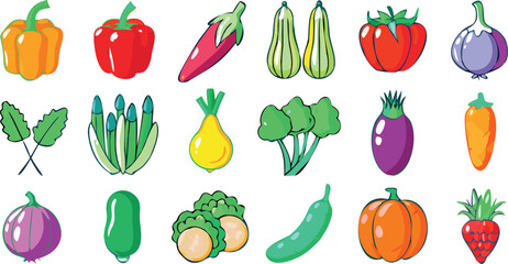 20 Colorful Line Art Vegetable Icons Fresh Produce Illustrations