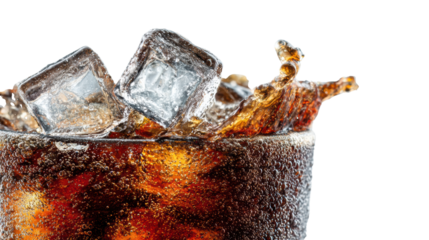 Refreshing cola with ice cubes splashing in a glass, isolated on white background.