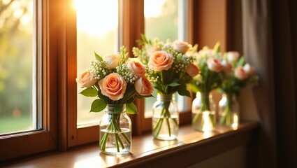 A charming windowsill display of five glass vases filled with pink and white peonies and roses. Soft sunlight highlights the fresh flowers, creating a warm, cheerful scene.
