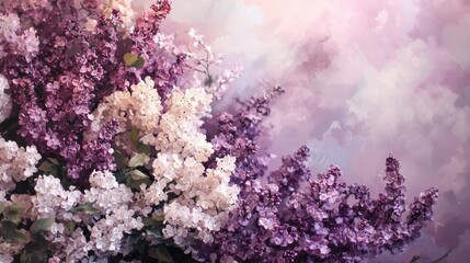 Fototapeta premium A painting of purple and white flowers with a pink background