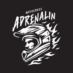 Vintage illustration of a motocross rider helmet logo with fire